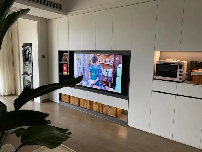 the open shelf design of the TV cabinet