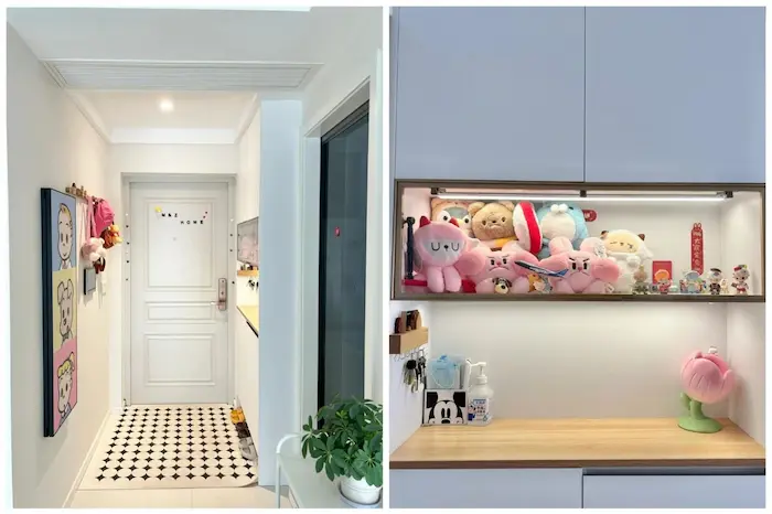 Shoe cabinet display area to store plush dolls